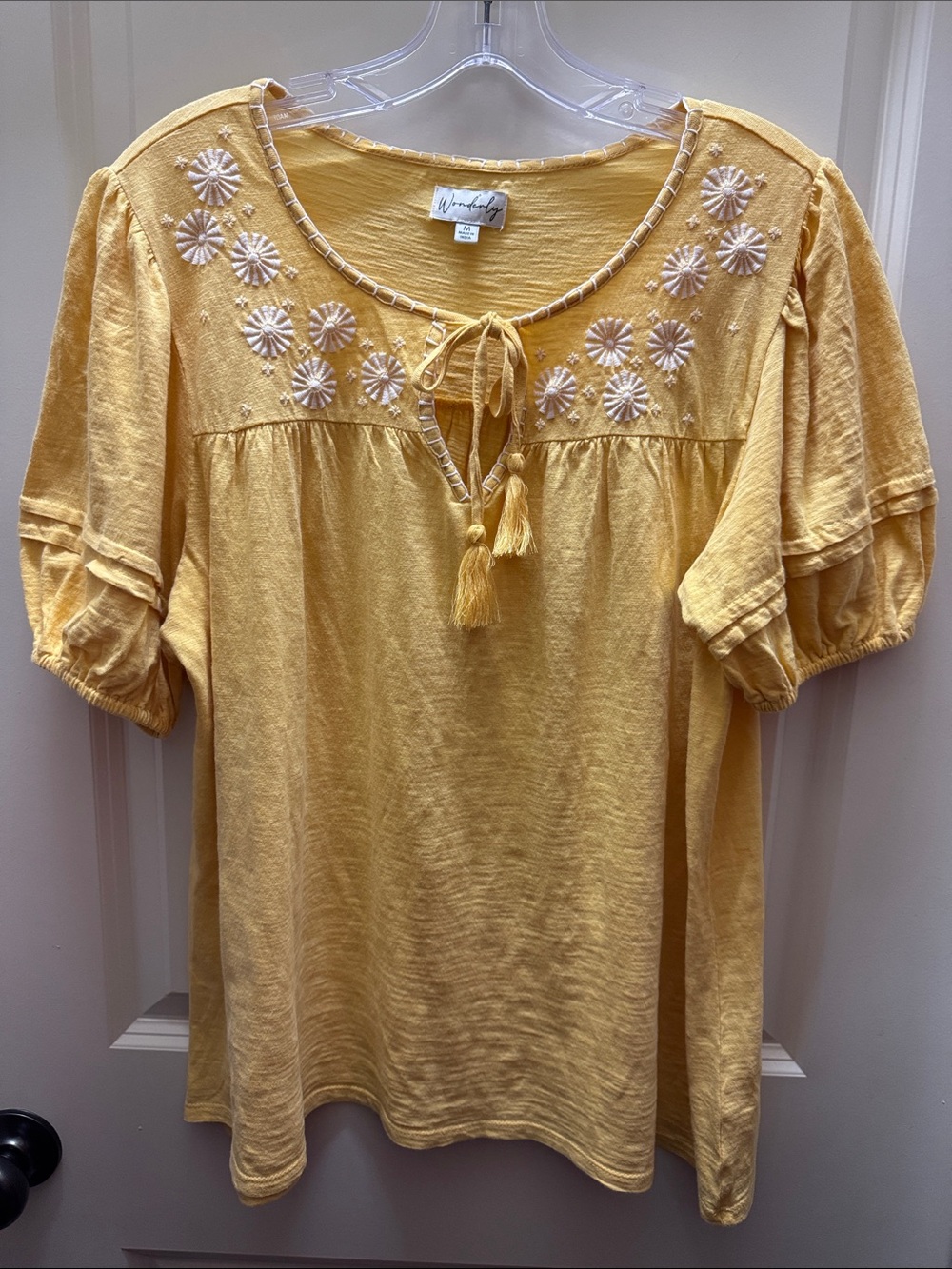 Wonderly Sunflower Yellow Embroidered Tassel Peasant Blouse